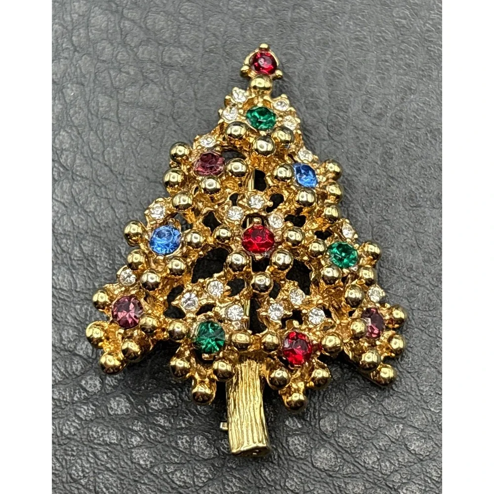 Vintage Colorful Christmas Tree Brooch Rhinestone Red Green Blue Gold Tone